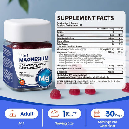 14-in-1 Magnesium Gummies – with Ashwagandha, L-Theanine, Vitamin D3 & Zinc