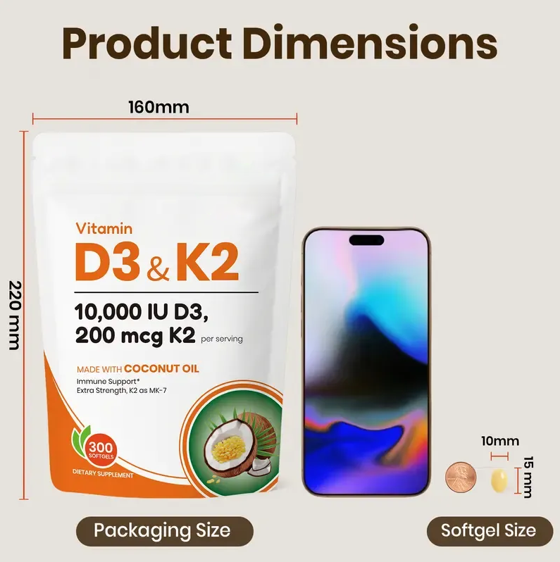 VEV Vitamin D3 K2 10000 IU, 300 Virgin Coconut Oil Softgels, 2 in 1 Vitamins Supplement D & K