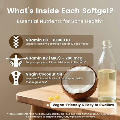 VEV Vitamin D3 K2 10000 IU, 300 Virgin Coconut Oil Softgels, 2 in 1 Vitamins Supplement D & K