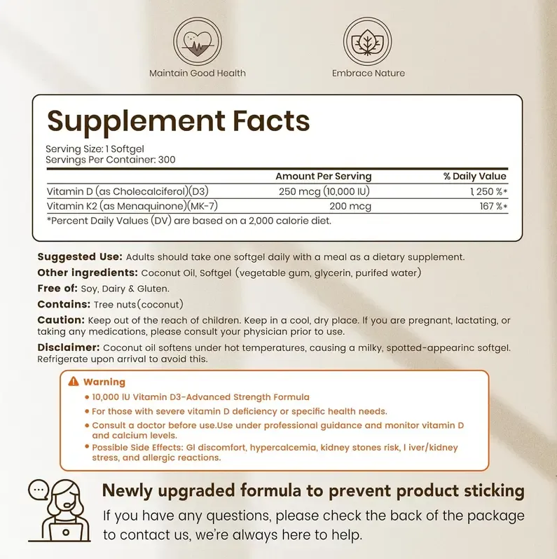 VEV Vitamin D3 K2 10000 IU, 300 Virgin Coconut Oil Softgels, 2 in 1 Vitamins Supplement D & K