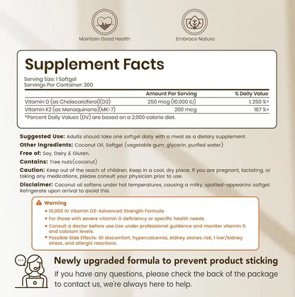 VEV Vitamin D3 K2 10000 IU, 300 Virgin Coconut Oil Softgels, 2 in 1 Vitamins Supplement D & K